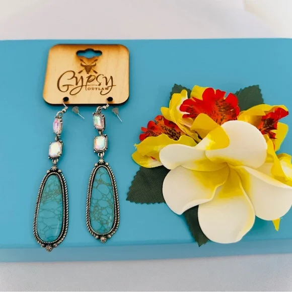 GYPSY OUTLAW ~ Silver Toned Drop Earrings w/Faux Turquoise & Iridescent Stones - Picture 6 of 8